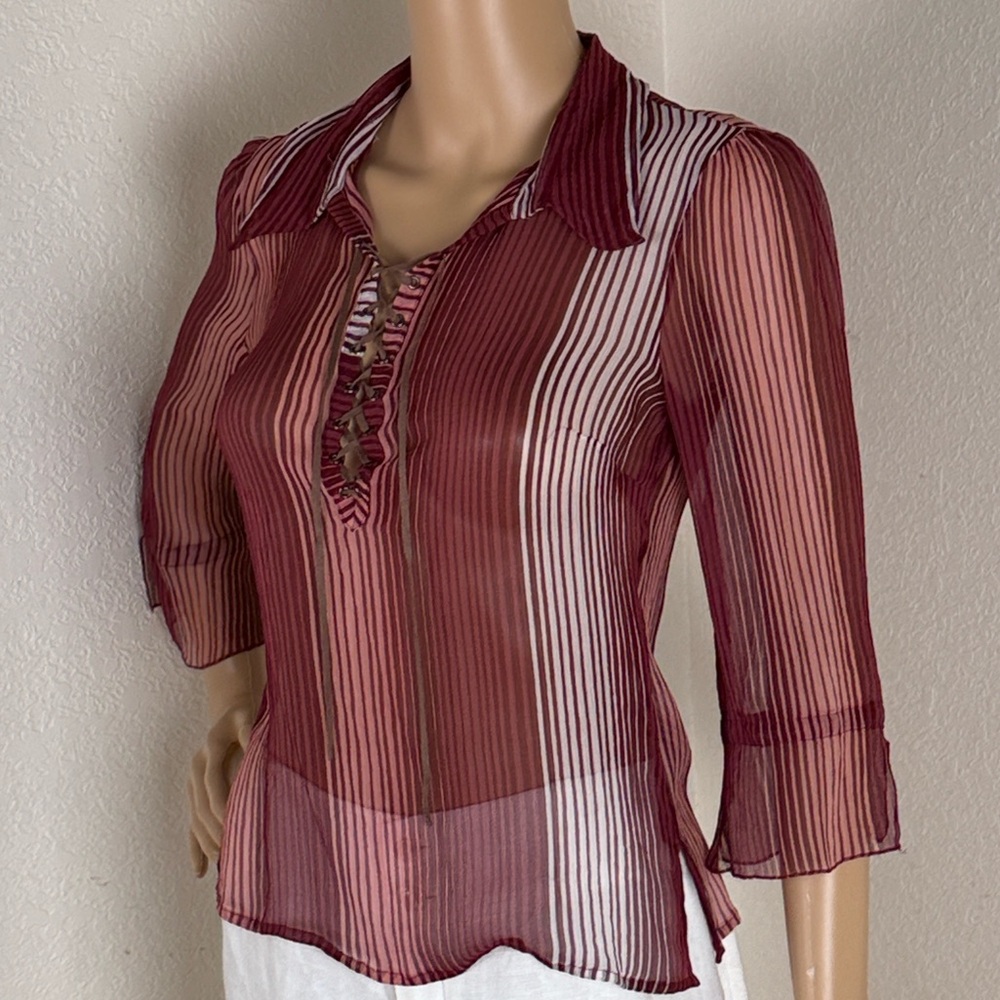 Vintage Rampage Silk Burgundy Maroon White Multicolor Sheer Blouse